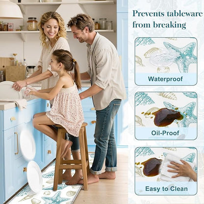 Kitchen Mats for Floor Cushioned Anti Fatigue Sets of 2 Beach Theme Kitchen Rugs Non Slip Waterproof Coastal Foam Kitchen Floor Rug Nautical Seashell Comfort Standing Mat for Sink Laundry, Teal
