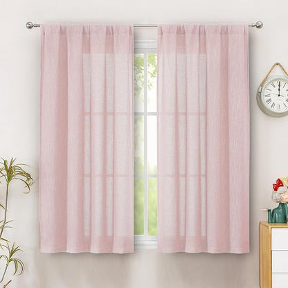 Simplebrand Blush Semi Sheer Faux Linen Textured Curtains 54 Inch Length 2 Panels Set, Rod Pocket Farmhouse Short Curtain Drapes for Dinning Small Windows Bathroom Bedroom, Each 40Wx54L in, Blush