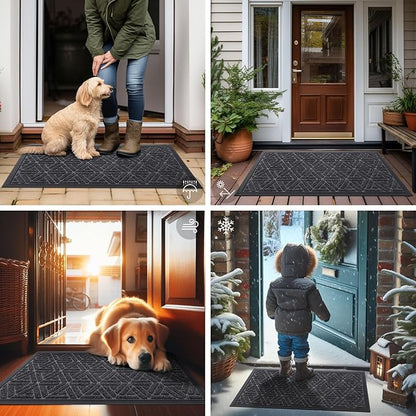 Smiry Front Door Mat Outside Entrance, Heavy Duty Sturdy Natural Rubber Doormat, Trap Dirt and Moisture, Easy Clean Low Profile Mats for Indoor Outdoor Entry, Grid Geometric (47x24, Grey)