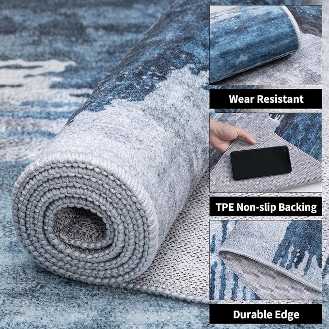 Ciicool 2x5 Washable Runner Rug, Modern Abstract Hallway Rugs Runner, Non-Slip Thin Accent Rug Lightweight Navy Grey Print Distressed Carpet for Laundry Entryway Bedroom Kitchen Bathroom Indoor