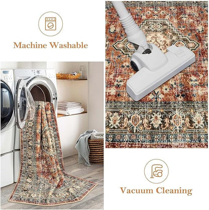 Lahome Oriental Washable Runner Rug Non Slip, 2x7 Rug Runners for Hallways Kitchen, Ultra-Thin Hallway Rugs for Laundry Room Bathroom Bedroom, Brick Red