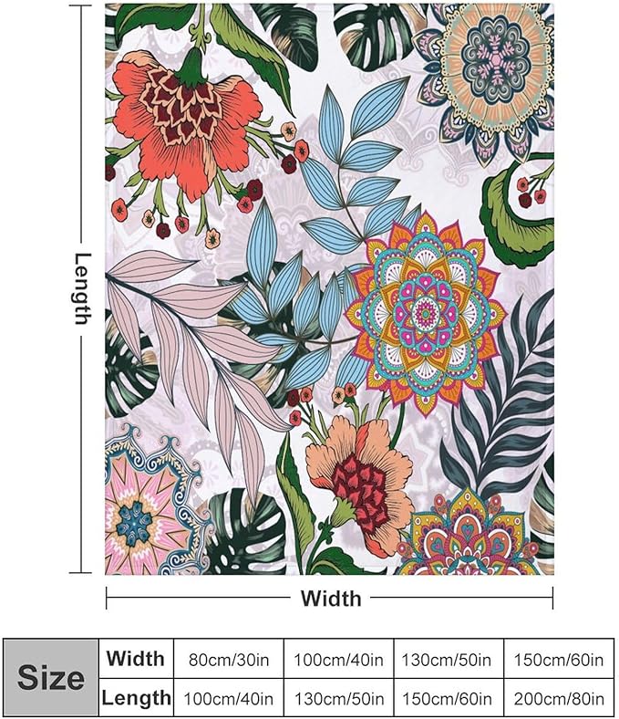 Boho Flowers Blanket for Women Girls, Rustic Bohemian Mandala Palm Leaves Plants Botanical Print Blanket for Bedroom Living Room Couch Sofa, 50"x60"