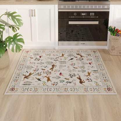 Rugcomf Door Mat Indoor Entrance 2x3 Rug Machine Washable Boho Floral Animal Small Area Rug Non-Slip Low Pile Throw Rugs for Entryway, Kitchen, Front Door Indoor Entrance, Entry, Kids Room (Beige)