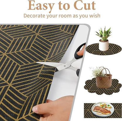 Shelf Liners for Kitchen Cabinets 23in x 20FT, Non Adhesive Cabinet Liner Strong Non-Slip Black Gold Geometric Drawer Liner, Easy to Clean for Shelf, Cabinet with Knife and Tape Measure