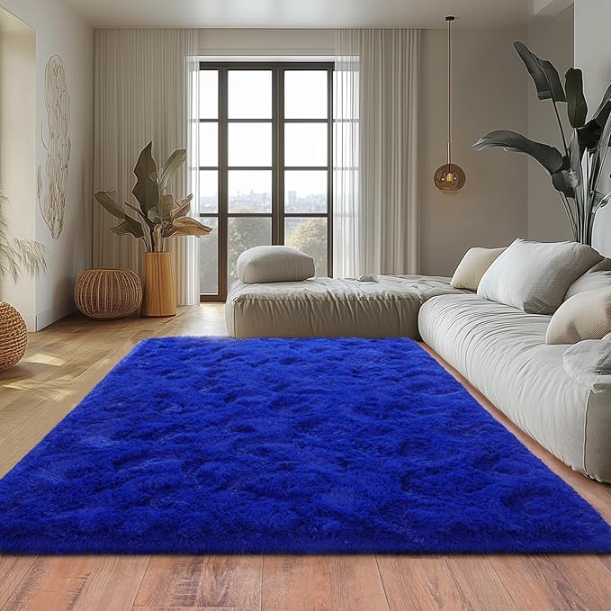 Extra Large 9x12 Feet Fuzzy Rug Blue Fluffy Rug for Living Room, Big Plush Non-Skid Shag Carpet, Soft Shaggy Rugs for Bedroom Indoor Modern Home Decor