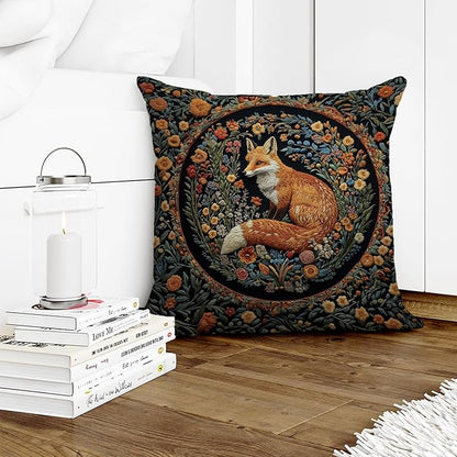 YOU FOUND ME William Morris Abstract Vintage Floral Velvet Fox Design Throw Pillow Covers Home Decor, Retro Art Deco Pillowcase Cushion Cover for Bed Sofa Living Room, Square 18x18inch (Fox)