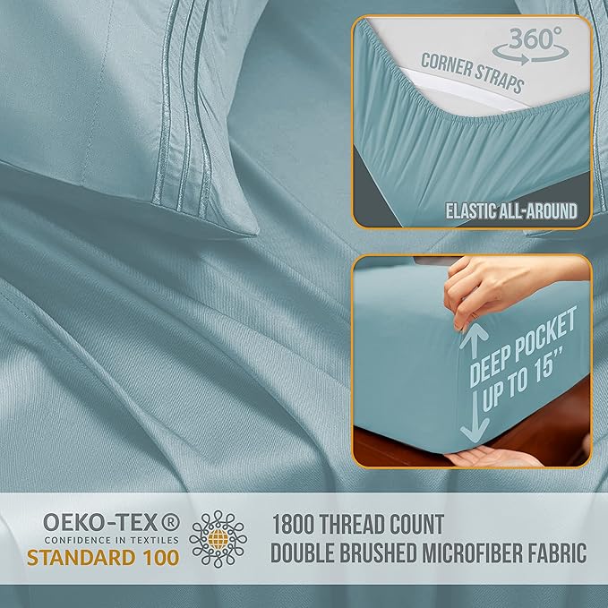 Full Size Bed Sheets Cooling - Luxury Hotel Sheet Set - Soft Sheet with Elastic Corner Strap - Deep Pocket Microfiber Bedsheet - Bedding Sheet & Pillowcases - 4 PC (Full Size, Light Blue)