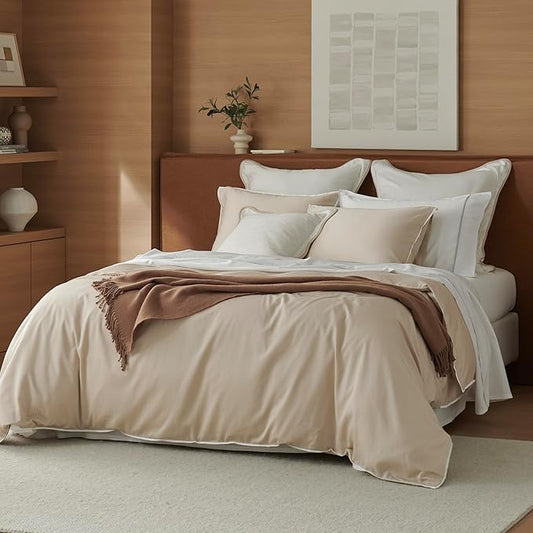 Double Stitch Cotton Tencel Duvet Cover - King Size Comforter Cover, Luxury & Soft Eucalyptus Lyocell Bedding Set for Hot Sleepers, Cooling & Breathable, Button Closure, Sandstone Contrast, 106"x90"