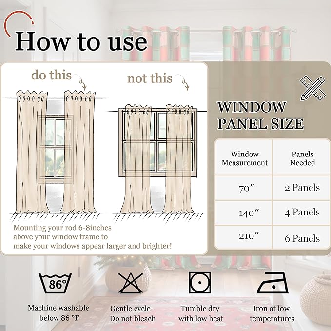 Christmas Curtains for Living Room - Plaid Linen Blackout Curtains Checkered Patterned, Thermal Insulated Gingham Striped Window Drapes for Bedroom Winter 52x72 Inch 2 Panels, Red Green