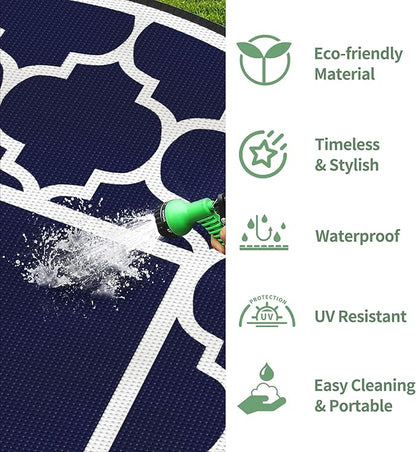 GENIMO 8' Round Outdoor Rug Waterproof for Patio Decor, Foldable Reversible Plastic Straw Area Rugs Mat for Rv, Outside Carpet for Camper, Deck, Picnic, Beach, Balcony, Camper, Blue & White