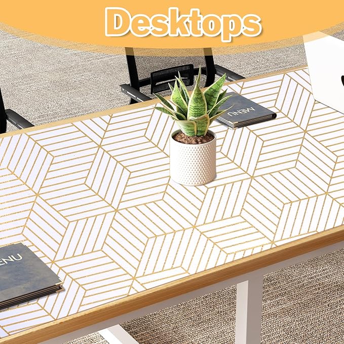 Shelf Liners for Kitchen Cabinets Non Adhesive Shelf Liner Paper Non-Slip Thickened Drawer Liner Easy to Clean for Tool Box Refrigerator with Knife and Tape Measure, Gold Geometric, 11.8 x 118 in