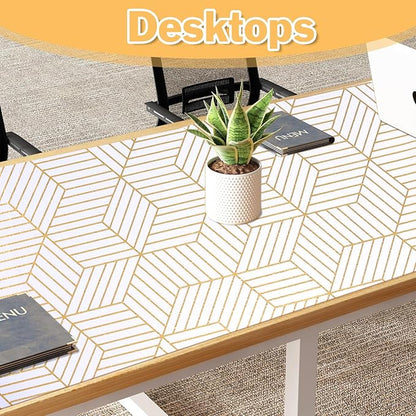 Shelf Liners for Kitchen Cabinets Non Adhesive Shelf Liner Paper Non-Slip Thickened Drawer Liner Easy to Clean for Tool Box Refrigerator with Knife and Tape Measure, Gold Geometric, 23.6 x 236.2 in