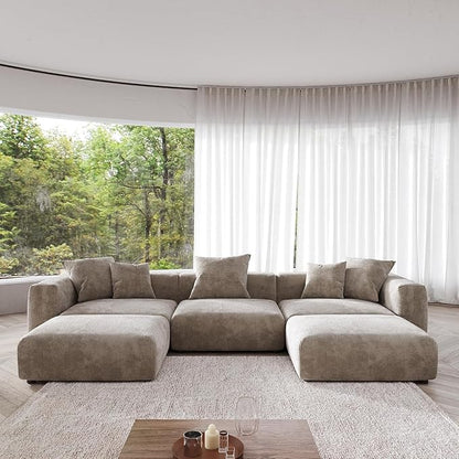 JACH 141" Oversized Modular Sectional Couch, Deep 3-Seats Corduroy Sofa with Chaise Ottomans, Huge Plus Convertible Soft Sofas, Minimalist Couches for Living Room, Apartment, Light Brown