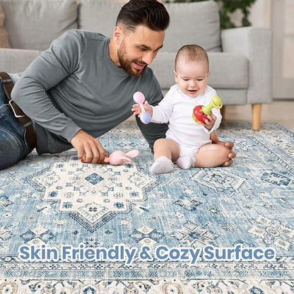 Vintage Living Room Area Rug 5x7 - Large Soft Washable Oriental Traditional Distressed Farmhouse Rugs for Bedroom - Indoor Floor Accent Carpet for Home Office House Decor - Blue