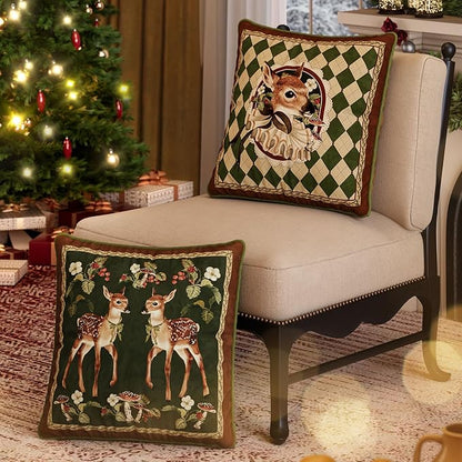 Grandmillennial Holly Deer Green Pillow Cover, Velvet Euro Sham Covers Decorative Throw Pillow Covers 18x18 for Couch Sofa Bed Living Room, Christmas & Holiday