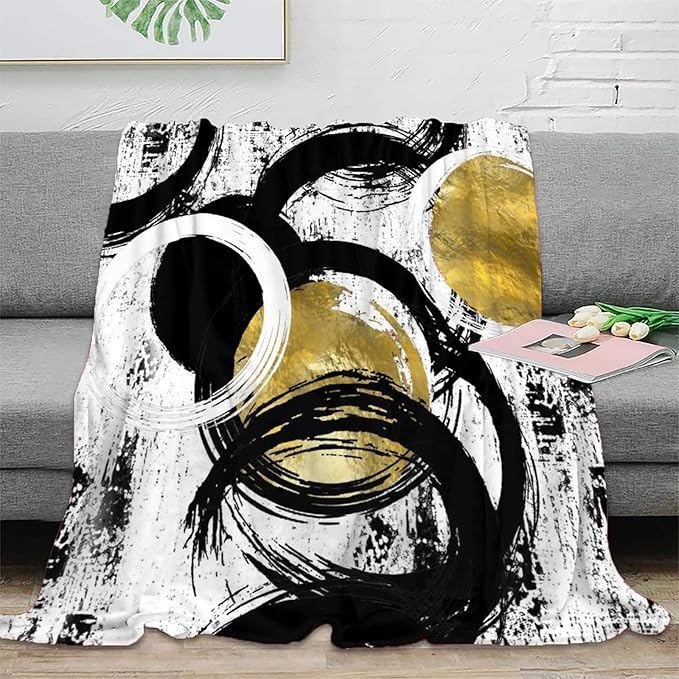 Black White Modern Abstract Warm Blanket 40x50inch(100x130cm),Gold Ink Geometric Texture Oil Painting Art Bed Blanket Lightweight Soft Cozy