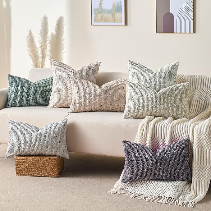 Decorative Couch Throw Pillow Covers 22x22 Cream Gray Striped Soft Wool Pillow Covers Neutral Textured Boho Cushion Covers for Modern Farmhouse Sofa Bedroom Living Room Decor SY011-B22