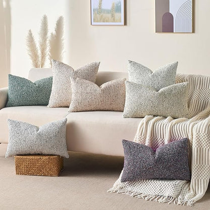 Decorative Couch Throw Pillow Covers 18x18 Cream Gray Striped Soft Wool Pillow Covers Neutral Textured Boho Cushion Covers for Modern Farmhouse Sofa Bedroom Living Room Decor SY011-B18