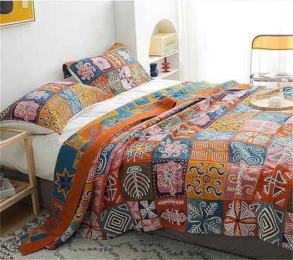 Cotton Throw Boho Blanket for Couch Bed,Cotton Quilted Boho 80''x90'' Muslin Blankets Travel Mexican Super Soft Blanket