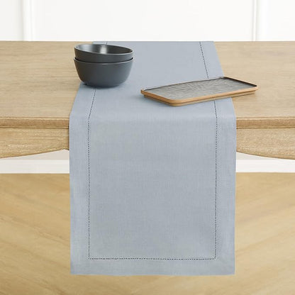 Solino Home Linen Dusty Blue Table Runner 72 Inches Long - 100% Pure Linen Hemstitch Table Runner 14 x 72 Inch for Dresser, Dining - Classic Hemstitch
