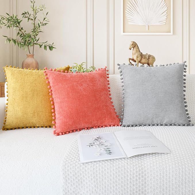CaliTime Throw Pillow Covers Decorative 22 X 22 Inches Pack of 2 Cozy Solid Dyed Soft Chenille Cushion Cases with Pom Poms for Couch Sofa Bed Living Room Home Gold