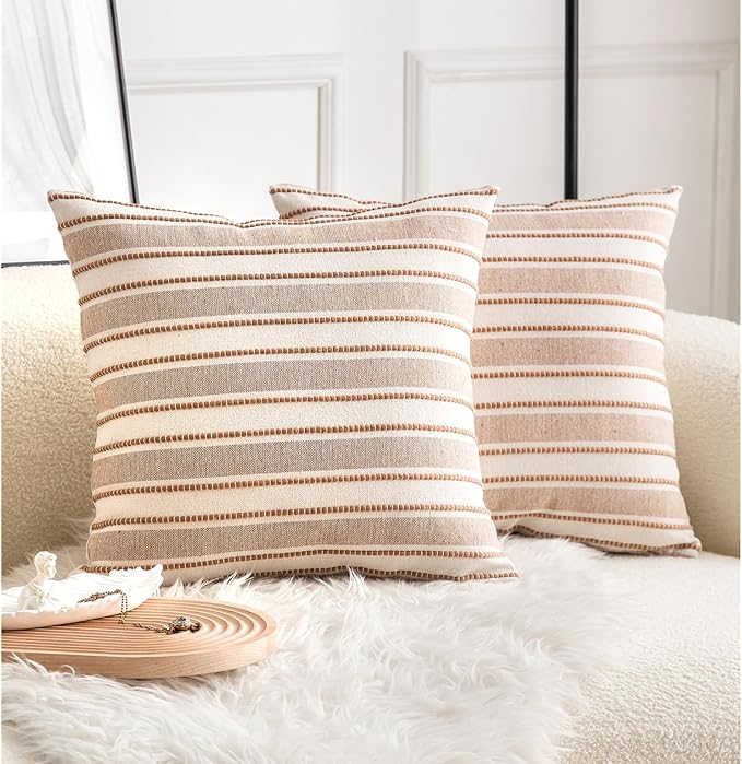 Decorative Boho Throw Pillow Covers, Farmhouse Textured Pillow Case, 20 x 20 Inch Set of 2, Chair Sofa Bedroom Living Room Home Decor Couch Cushion Case, Brown and Beige Striped