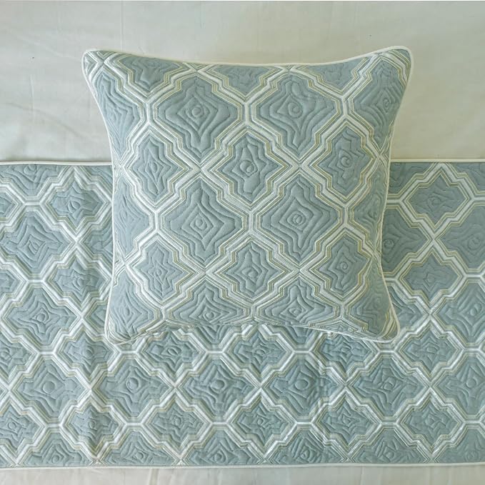 The HomeCentric King/Queen/Twin Light Blue Decorative Bed Runner King 90"x18" Bed Runner with Two Pillow Cover, Quiled, Embroidery Bed Scarf on Jacquard Fabric - Estelle