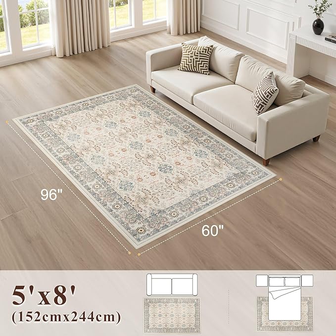 Vintage Living Room Area Rug 5x8 - Large Soft Washable Oriental Traditional Distressed Farmhouse Rugs for Bedroom - Indoor Floor Accent Carpet for Home Office House Decor - Multi