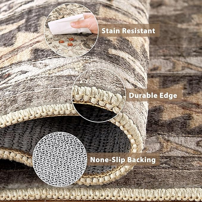 Vintage Hallway Runner Rug 3x10: Large Soft Washable Entryway for Kitchen Laundry Room Non-Slip Backing Runner for Entrance Living Room Bedroom Bathroom - Brown