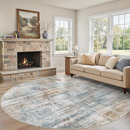 8ft Round Area Rug for Living Room: 8x8 Washable Neutral Abstract Modern Soft Rugs Non Slip Indoor Floor Stain Resistant Carpet for Bedroom Dining Room Office Nursery - Blue Brown