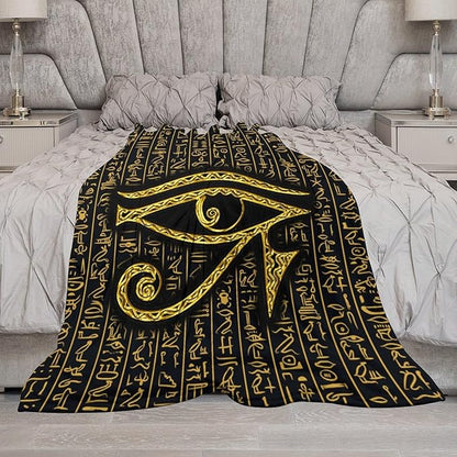 Ancient Egyptian Blanket, Egyptian Eye of Horus Ancient Culture Golden Egyptian Hieroglyphs Alphabet Print Blankets for Couch Sofa Bed Boys Mens, 60"x80"