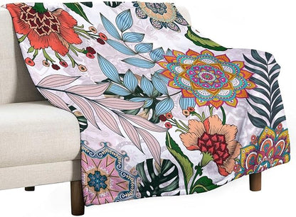 Boho Flowers Blanket for Women Girls, Rustic Bohemian Mandala Palm Leaves Plants Botanical Print Blanket for Bedroom Living Room Couch Sofa, 60"x80"