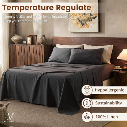 100% Linen Sheets Queen Size,Breathable & Durable 4-Piece Bed Flax Sheet Set,Soft All-Season Bedding for Hot Sleepers 16" Deep Pocket Oeko-TEX Certified,（Queen, Dark Grey）