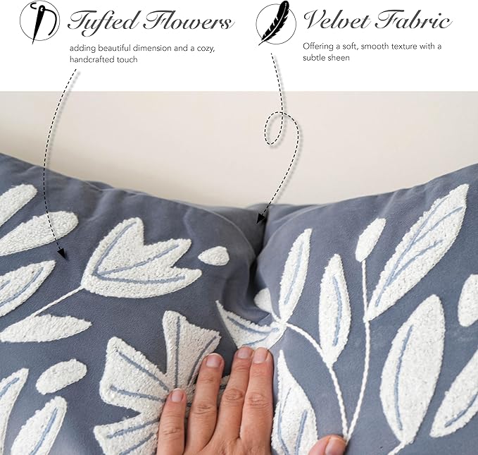 BlissBlush Blue Velvet Decorative Throw Pillow Cover 20X20, Flower Tufted Soft Farmhouse Textured Pillowcase, Accent Pillowcase for Couch Sofa Bed Living Room