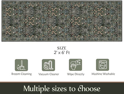 MUJOO Washable Runner Rug,Floral 2x6 Runners for Hallway Kitchen Bedroom Bedside Bathroom Laundry Room,Long Non Slip Throw Carpet Boho Indoor Botanical Vintage Ultra-Thin Black and Green