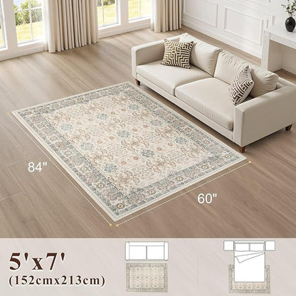 Vintage Living Room Area Rug 5x7 - Large Soft Washable Oriental Traditional Distressed Farmhouse Rugs for Bedroom - Indoor Floor Accent Carpet for Home Office House Decor - Multi