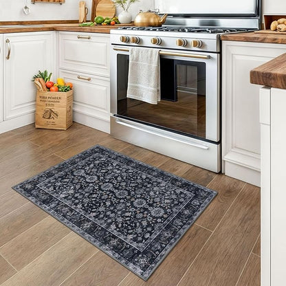 KUTA Vintage Floral Entryway Rug 2x3, Kitchen Rugs Non-Slip Washable Throw Rug, Black Grey Orange Ultra Thin Soft Print Front Door Mat Indoor Doormat for Entrance, Bedside, or Small Spaces