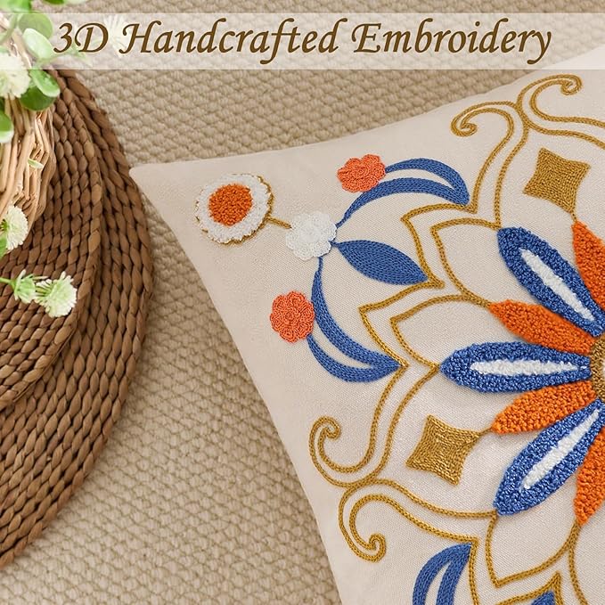 Embroidered Throw Pillow Cover 20x20 Classic Boho Floral Pattern Pillows Cover Outdoor Decorative Pillowcase,Durable Cozy Textured Cushion Case for Sofa Couch Bed Living Room,Orange Blue