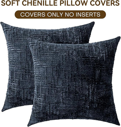 Decorative Throw Pillow Covers 22x22 Inch Set of 2, Soft Solid Farmhouse Chenille Couch Pillows, Spring Pillow Covers for Couch Sofa Bed Living Room Home Decor Pillowcase, Dark Blue