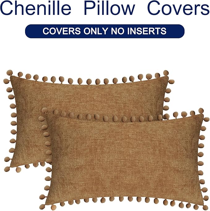 CaliTime Throw Pillow Covers Decorative 20 X 12 Inches Pack of 2 Cozy Solid Dyed Soft Chenille Cushion Cases with Pom Poms for Couch Sofa Bed Living Room Home Apricot Brown
