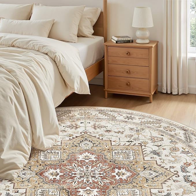 5ft Round Vintage Living Room Area Rug - 5x5 Large Soft Washable Oriental Traditional Distressed Farmhouse Rugs for Bedroom - Indoor Floor Accent Carpet for Home Office House Decor - Golden Taupe
