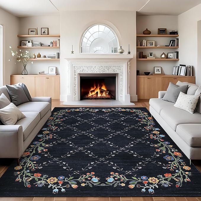 Garveehome 5x7 Washable Floral Area Rugs for Living Room: Modern Floral Non Slip Large Area Rugs for Bedroom, Large Machine Washable Living Room Low Pile Carpet with Non-Slip Backing Black 5 ft x7 ft.