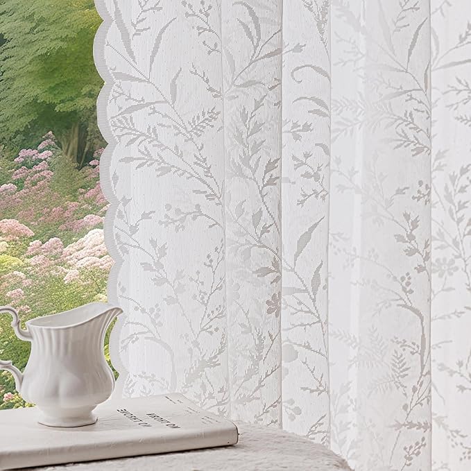 Anmao Vintage Lace Curtains 96 Inches Long 2 Panels Set, Romantic Elegant Light Filtering Semi Sheer Floral Thick Lacy Curtain Drapes for Living Room and Bedroom, Each Panel 55W x 96L, White Leaves