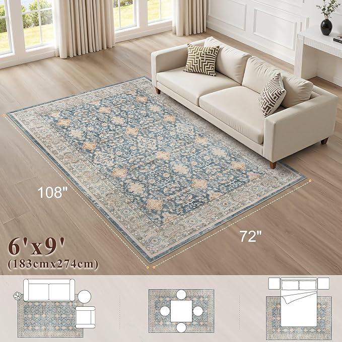Vintage Living Room Area Rug 6x9 - Large Soft Washable Oriental Traditional Distressed Farmhouse Rugs for Bedroom - Indoor Floor Accent Carpet for Home Office House Decor - Dark Blue