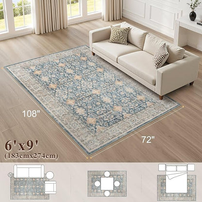 Vintage Living Room Area Rug 6x9 - Large Soft Washable Oriental Traditional Distressed Farmhouse Rugs for Bedroom - Indoor Floor Accent Carpet for Home Office House Decor - Dark Blue
