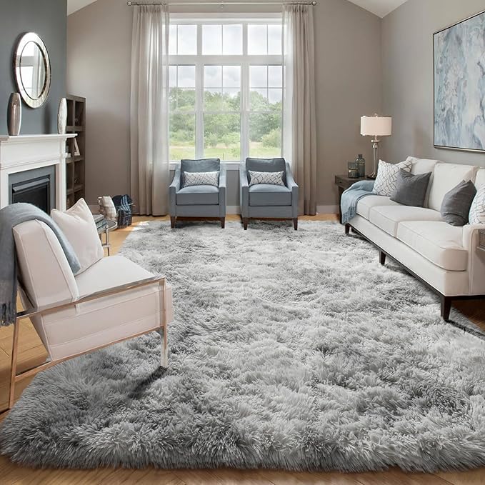 ONASAR 8x10 Area Rugs for Living Room, Tie-Dyed Light Grey Large Fluffy Shag Bedroom Rug, Washable Soft Plush Thick Shaggy Big Floor Carpet for Kids Boy and Girls Teen Dorm Nursery Indoor Home Decor