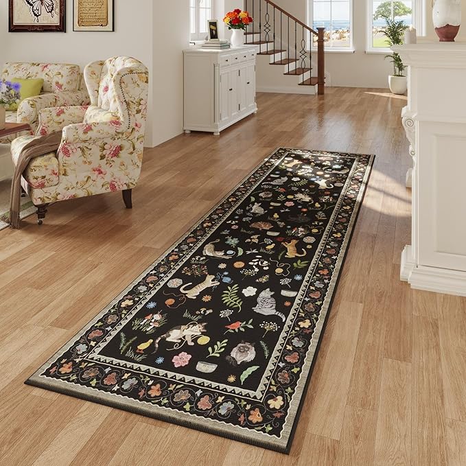 Rugcomf Runner Rug for Kitchen Non Slip 2'x6' Washable Rugs with Rubber Backing Soft Floral Animal Cat Carpet Runner for Kitchen Laundry Bedroom Bathroom, Black