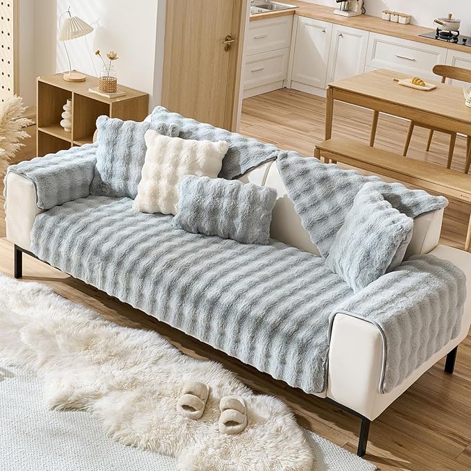 Faux Fur Armrest Cover Backrest Cover Fuzzy Plush Thick Bubble Sofa Cover Luxury Soft Cozy Couch Cover Anti-Slip Sofa Slipcover Washable Furniture Protector (Light Grey,28"x28")