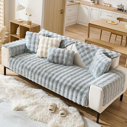 Faux Fur Armrest Cover Backrest Cover Fuzzy Plush Thick Bubble Sofa Cover Luxury Soft Cozy Couch Cover Anti-Slip Sofa Slipcover Washable Furniture Protector (Light Grey,28"x28")