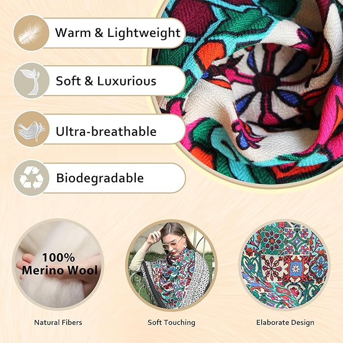 DANA XU 100% Merino Wool Extra Large Pashmina Blanket Travel Scarf Cashmere Wrap for Women Fall Winter Oversize Shawl Floral
